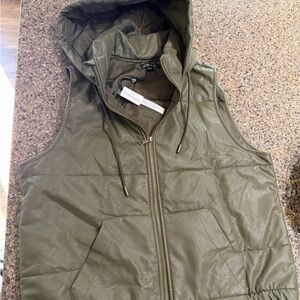 Chaps Olive Faux-Leather Quilted Hooded Vest